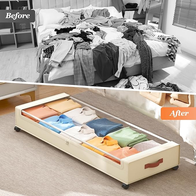 Yecaye Under Bed Storage with Wheels 2 Pack, 85L Extra Large Under Bed Storage Containers with Metal Frame & Clear Lid, Rolling Underbed Organizer Bins Drawers for Clothes, Shoes, Blankets, Beige