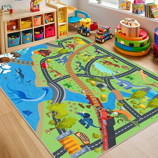 Kids Rugs for Playroom - Soft & Non-Slip 9x12 Feet Dinosaur Play Mat,Childrens Dinosaurs Carpet Washable Rug for Classroom Nursery Bedroom Boys