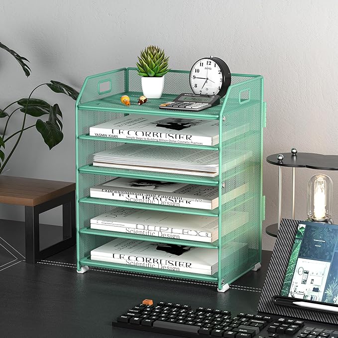 6 Tier Desk Organizer, Heavy-Duty Thick Metal Letter Tray Organizer, Large Capacity Desktop File Organizer for Heavy Files, Easy to Assemble for Home, Office & Classroom,Black,Green