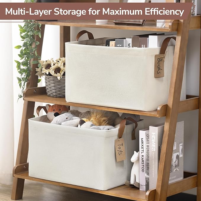 CHICVITA 4 Pack Large Storage Baskets for Shelves, Collapsible Closet Organizer Bins with Metal Frame, Fabric Storage Bins for Clothes Towels Organization, 16.8" x 11" x 9.8", Beige