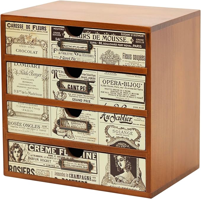 4-Drawer Vintage Ephemera Pattern Desktop Organizer - Arts and Craft Newspaper Design Desk Storage Cabinet - Ephemera Wood Shelf Drawers with Label Holders - Scrapbook Collecting