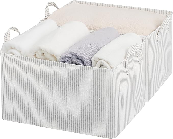 StorageWorks Storage Bins, Fabric Storage Bins for Shelves, Extra Large Storage Baskets with Metal Frame, Closet Baskets and Bins with Handles, Jumbo, Gray and White Stripes, 2-Pack