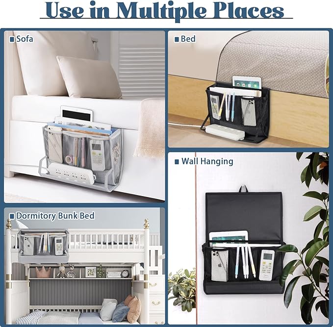 Bedside Storage Organizer with Power Strip Holder and Adjustable Straps Bed Hanging Bag for Home Bunk Bed Dorm Sofa (Black)