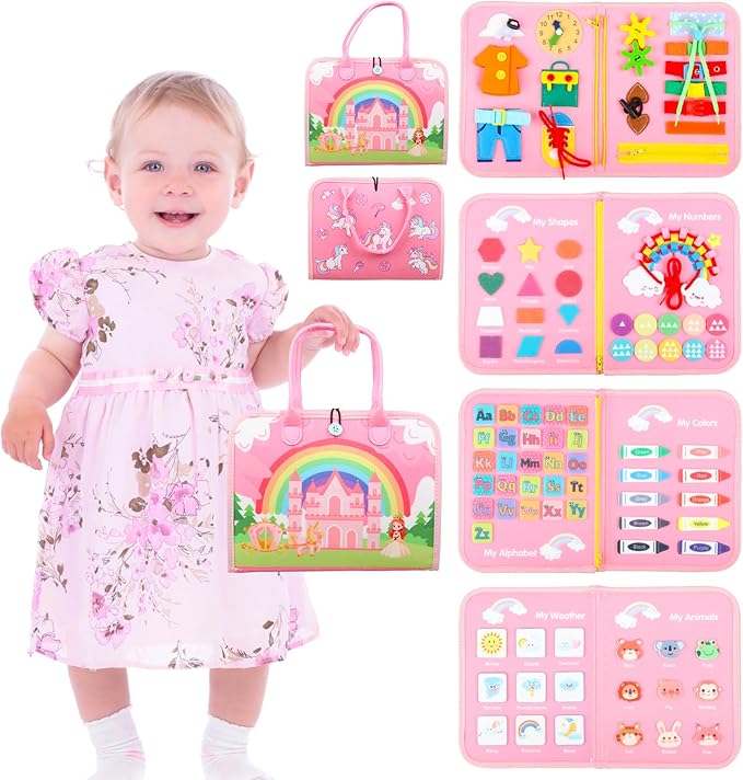 Toddler Busy Board Montessori Toys for 1 2 3 4 Year Old Girls Birthday Gifts - Educational Learning Busy Book Sensory Toys for Toddlers 1-3 - Airplane Car Travel Activities Toys for Kids Ages 2-4