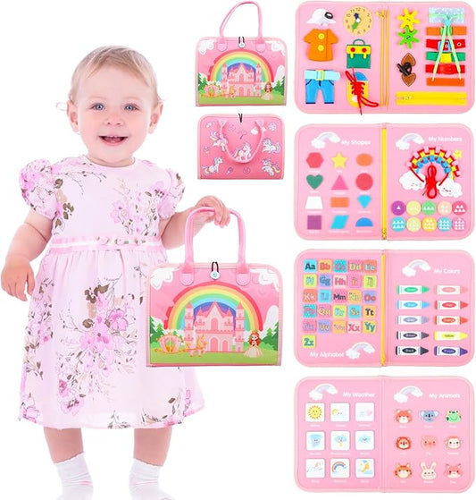 Toddler Busy Board Montessori Toys for 1 2 3 4 Year Old Girls Birthday Gifts - Educational Learning Busy Book Sensory Toys for Toddlers 1-3 - Airplane Car Travel Activities Toys for Kids Ages 2-4