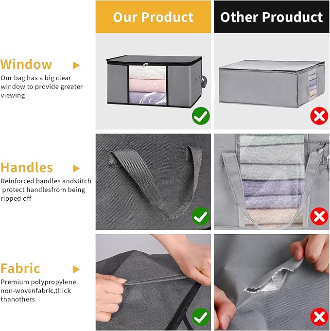 2 Pack Clothes Organizer Storage Bags with Zipper, 45L Foldable Blanket Storage Box with Clear Window Sturdy Handles for Closet, Dorm, Pillows, Bedding, Sweater, Clothing, Gray