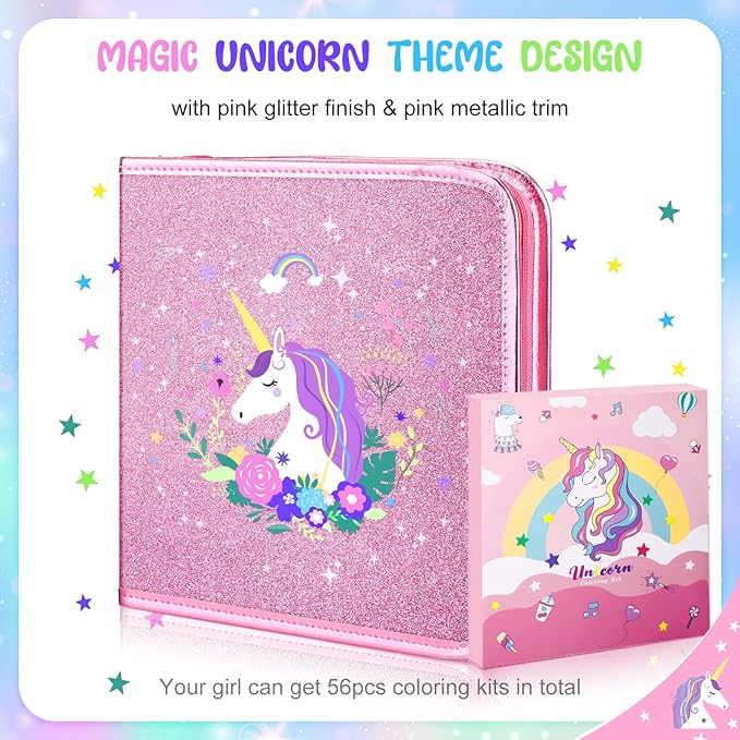 56 Pc Fruit Scented Marker Set with Glitter Unicorn Case, Art Supplies Kit for Kids Ages 4-8