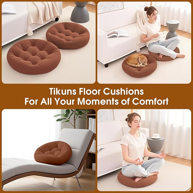 2Pcs Floor Pillows for Adults, 22x22 Inch Meditation Cushions, Large Round Sitting Cushion Living Room Memory Foam Pillow for Sitting (1, Brown, 22x22x4 Inch)