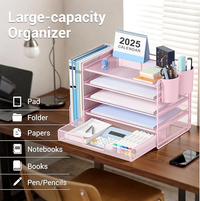OPNICE Desk Organizer, 5-Tier Paper File Organizer with Drawer & Pen Holder, Office Desk Accessories, Workspace Desktop Organizer for Office Supplies(Pink)