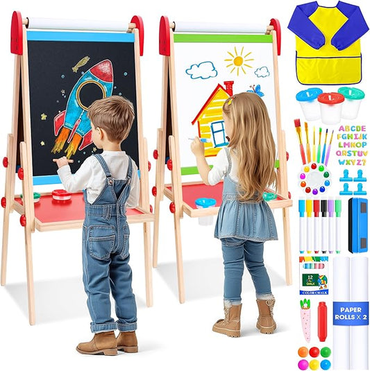 Art Easel for Kids, 3 in 1 Adjustable Double Sided Kids Easel with Magnetic Whiteboard, Chalkboard, 2 Paper Rolls and Accessories, All in One Wooden Toddler Easel, Art Easel for Kids Ages 2-4 4-8 8-12