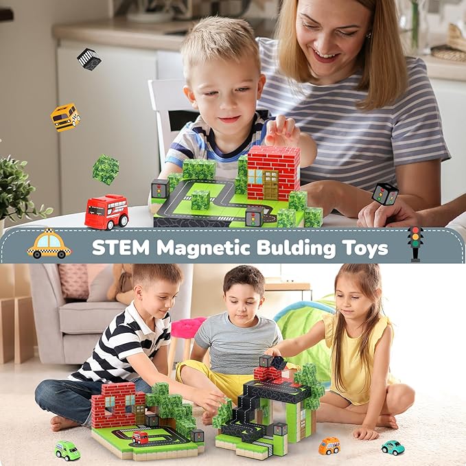 Magnetic Blocks 110PCS with 5 Car Toys, City Building Blocks Set, Toys for Boys & Girls Age 4-6, 6-8, Stacking Building Toys for Toddlers Sensory Toy for Kids 3+