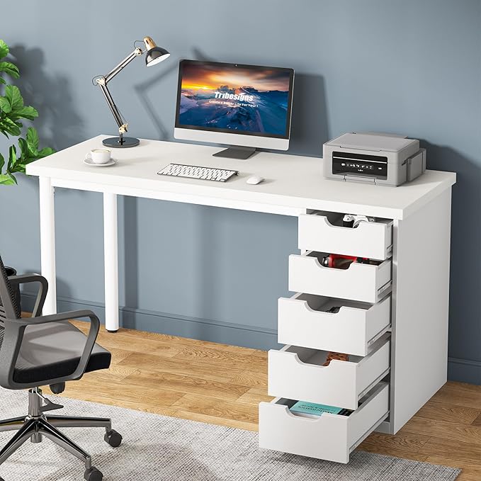 Tribesigns Computer Desk with 5 Drawers, 47 inches Rustic Brown Home Office Desk with Storage, Modern Simple Laptop Desk Study Writing Table for Small Spaces (1, White)