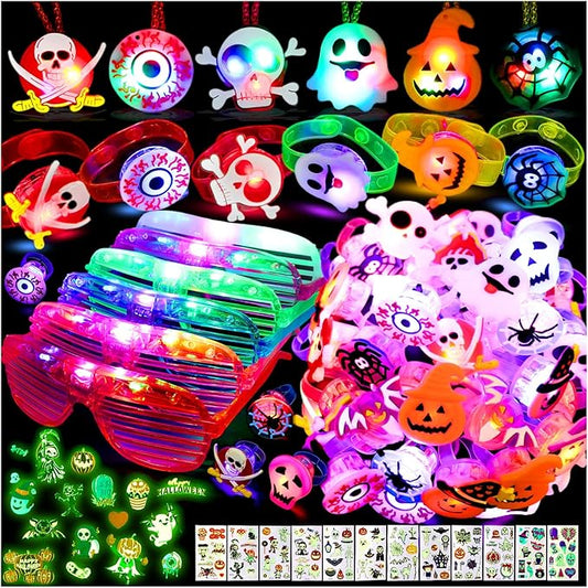 Halloween Light Up Toys Party Favors - 60PCS LED Trick or Treat Party Suppliers for Kids Gift Exchange Classroom Halloween Goodie Bag Fillers Glasses Bracelets Necklace Rings and Tattoos