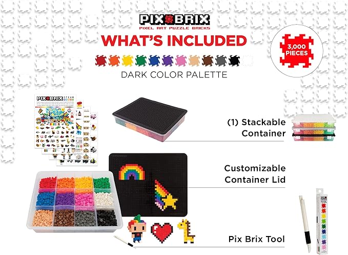 Pix Brix Pixel Art Puzzle Bricks – 3,000 Piece Pixel Art Container, 12 Color Dark Palette – Interlocking Building Bricks, Create 2D and 3D Builds Without Water or Glue – Stem Toys, Ages 6 Plus