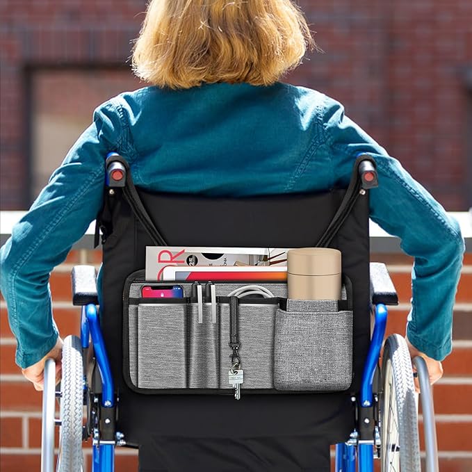 FINPAC Wheelchair Side Storage Bag w/Cup Holder, Wheelchair Armrest Accessories Pouch with Pen Slot and Reflective Strips for Power Walkers, Rollators, Seniors - Gray