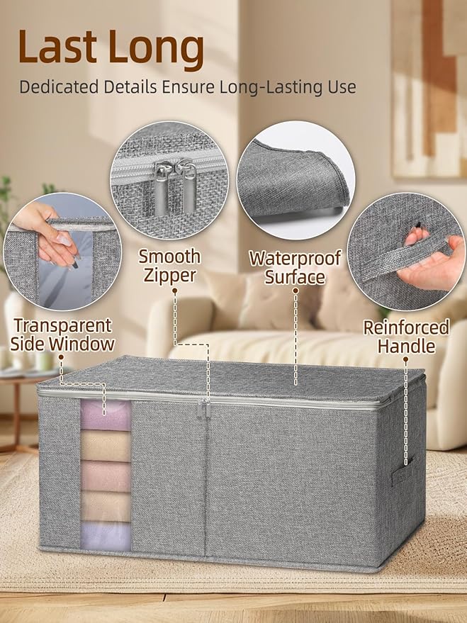 90L King Size Comforter Storage Bag w/Rigid Panels, Large Blanket Organizer for Closet, Stackable & Foldable Container w/Clear Window & Smooth Zippers for Bedding Sets/Clothes, 2 Pack, Gray