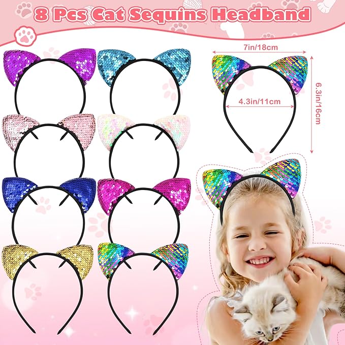 Cat Party Favors Birthday Supplies for Girl Kid Sequin Headband Squishy Toy Keychain Tattoo Sticker Stamper Slap Bracelet Goodie Bag Stuffer Pinata Cat Themed Party Favors Birthday Party Supplies
