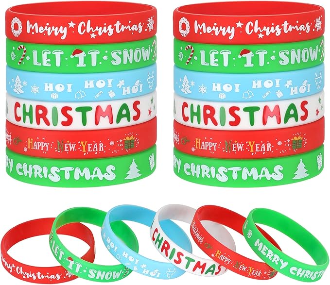 JUNEBRUSHS 42Pcs Christmas Silicone Bracelets, Rubber Wristbands Christmas Party Favors for Kids Decorations for Xmas Stocking Stuffers Wrist Band Accessories Gifts Supplies