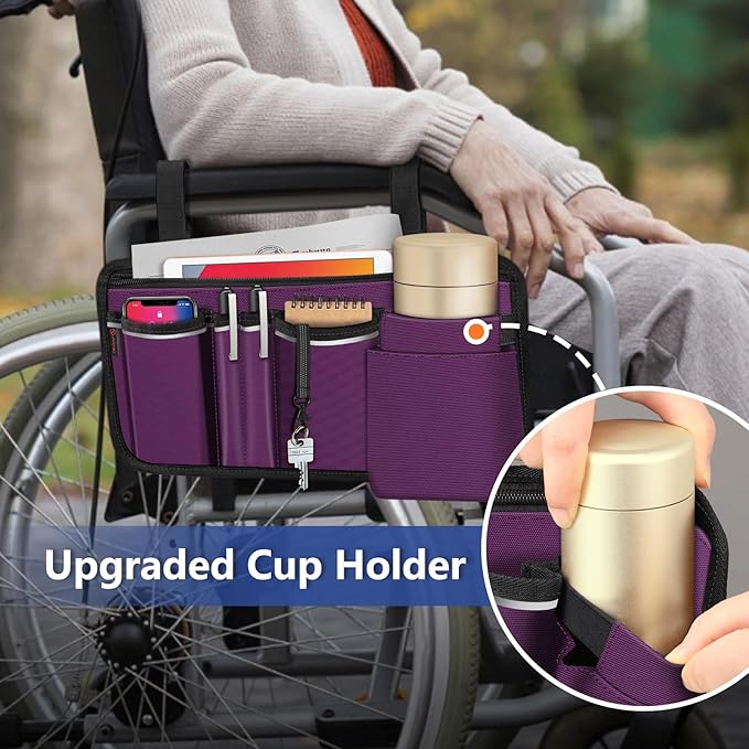 FINPAC Wheelchair Side Storage Bag w/Cup Holder, Wheelchair Armrest Accessories Pouch with Pen Slot and Reflective Strips for Power Walkers, Rollators, Seniors - Purple