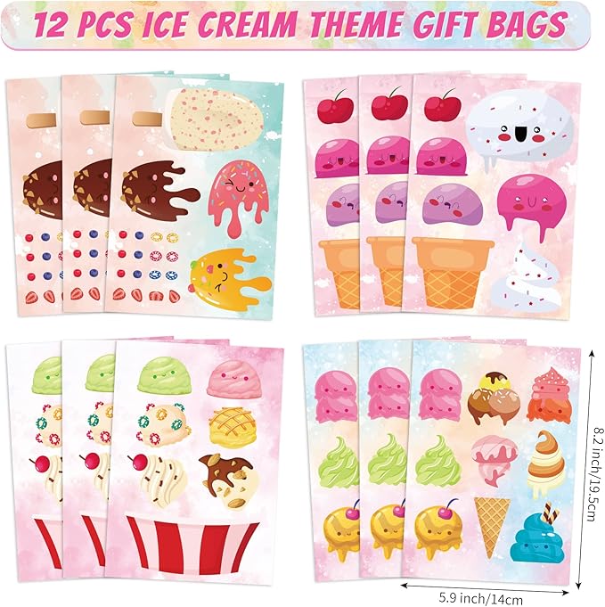 Erweicet Ice Cream Party Favors 72 PCS Ice Cream Slap Bracelets Pen DIY Stickers Straws Tattoo Stickers Gift Bags for Kids Girls Ice Cream Theme Birthday Party Gift Giving Sweet Summer Baby Shower