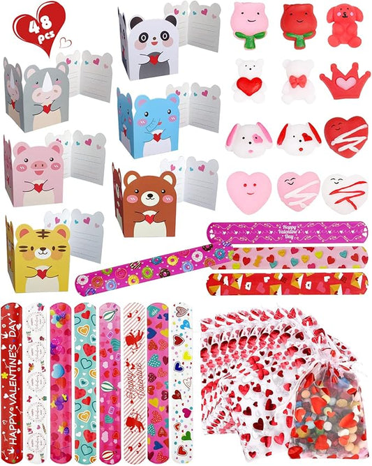 FEBALHS Party Favors for Kids, 48pcs Animal Valentines Exchange Gifts for Classroom School with Valentines Day Cards Goodie Bags Slap Bracelets Squishy Toys