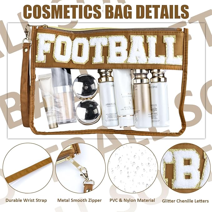 BuyCard 2 Pcs Football Gifts Makeup Bag with Chenille Letter Patch, Clear Cosmetic Pouch PVC Organizer Purse, Waterproof Travel Bag, Portable Toiletry Storage Bag for Her Girls Friends Women