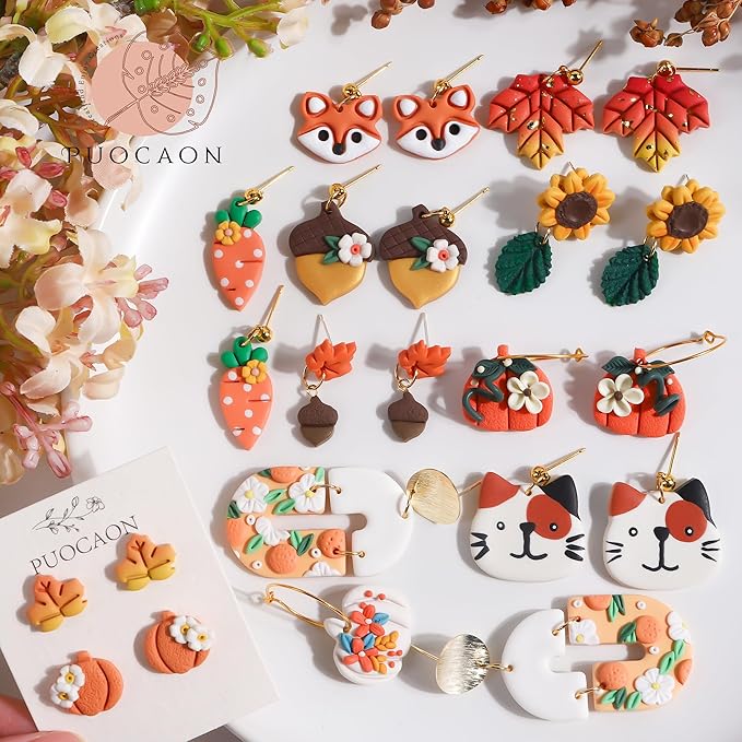 Puocaon Polymer Clay Cutters - 11 Pcs Maple Leaves Clay Cutters for Jewelry Making, Cat Fox Shape Clay Earring Cutters, Polymer Clay Earrings Making, Acorn Pumpkin Autumn Fruit Clay Earrings Studs