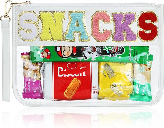 BuyCard Clear Snack Bag for Travel, Varsity Chenille Letter Patch Flat Pouch with Zipper, Preppy Makeup Bags, Waterproof PVC&PU Cosmetic Toiletry Bag for Women Girls, White