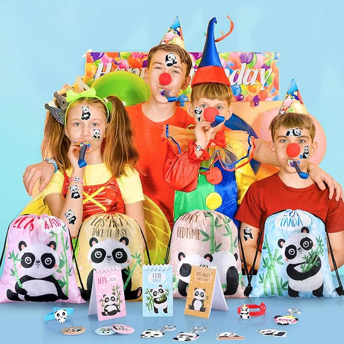 Abbylike 129 Pcs Panda Party Supplies Favors for Kids Panda Themed Birthday Party Supplies Gifts Include Panda Stickers Keychain Notebook Drawstring Bags Badges Pens Silicone Wristbands Headbands