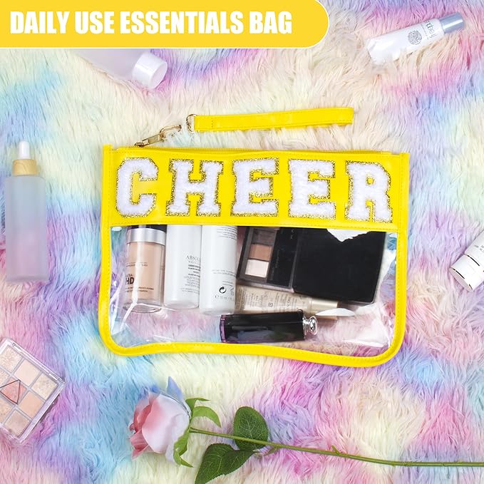 BuyCard Cheer Chenille Letter Bags Clear Makeup Bag, Cheerleader Gifts Cosmetic Bag, Varsity Preppy Patch Flat Pouch Cheer Accessories, Waterproof PVC Organizer Toiletry Bag for Women Girls Yellow