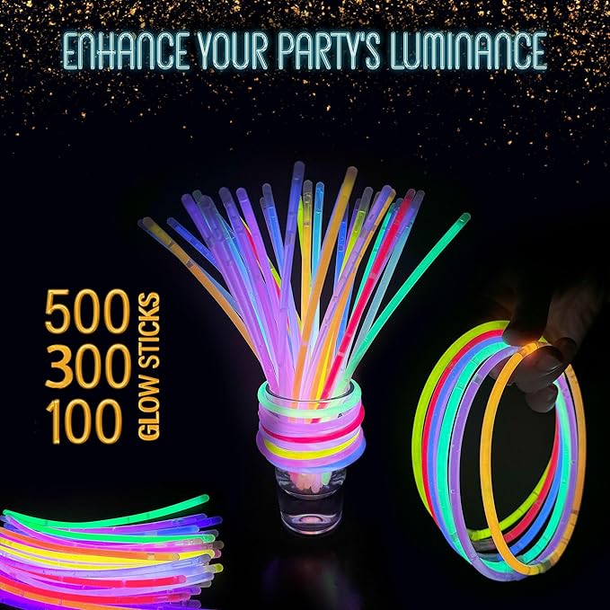 500 Pcs Glow Sticks Bulk Party Pack – 8” Neon Glow-in-the-Dark Bracelets & Necklaces for Kids & Adults - Party Supplies & Decorations for Halloween, Christmas, Birthdays - 500 Connectors Included