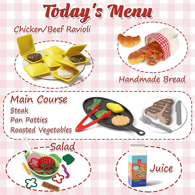 Lehoo Castle Play Kitchen Accessories, Play Food Sets for Kids Kitchen, Fake Food Pretend Play for Toddlers 3-5, Realistic Felt Food Playset for Kids Restaurant Pretend Food with Dishes