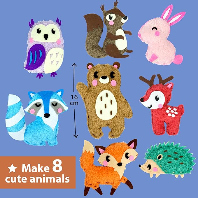 KRAFUN Easy Sewing Kit for Beginner Kids Arts & Crafts, 8 DIY Projects of Stuffed Dolls of Woodland Animals, Bear, Bunny, Fox, Owl, Instructions & Felt, Gift for Girls, Boys, Learn to Sew