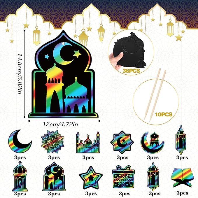 HOWAF 36pcs Ramadan Mubarak Scratch Paper Art Kit, Eid Mubarak Rainbow Scratch Off Cards for Eid Holiday Activity School DIY Drawing Project Supplies, Ramadan Kareem Paper Scratch Pad for Kids