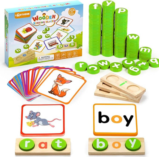 Preschool Kindergarten Learning Activities,ABC Learning for Toddlers,Wooden CVC Word Spelling Games with Flash Cards,Montessori Educational Toys Gifts for 3-7 Years Old Kids,Phonics Books for Readers