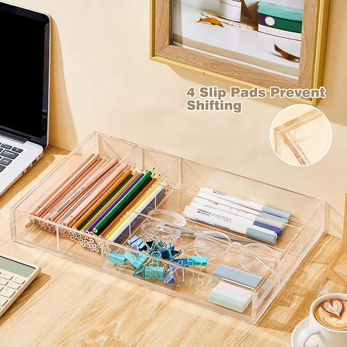 Briwooody 1 Pcs Acrylic Drawer Organizer 9'' up to 18'' x 15'' x 2'' Expandable Drawer Organizer Pens Notebook Ruler Makeup Tray with 7 Adjustable Compartments for Desk Office Kitchen Bathroom(Clear)