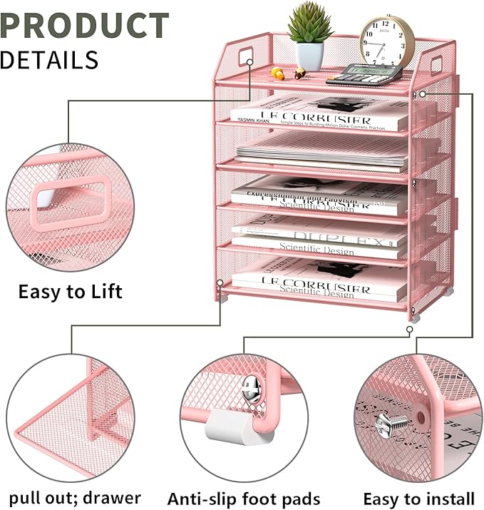 6 Tier Desk Organizer, Heavy-Duty Thick Metal Letter Tray Organizer, Large Capacity Desktop File Organizer for Heavy Files, Easy to Assemble for Home, Office & Classroom,Black,Pink