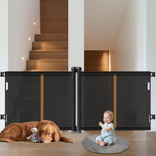 2-in-1 Retractable Baby Gates, 41" Tall Mesh Dog Gate with Cat Door 2-Pack, One Side Up to 71" Wide, Total 142" Wide, Long Retractable Pet Gate for Stairs Landing Indoor Outdoor-Black