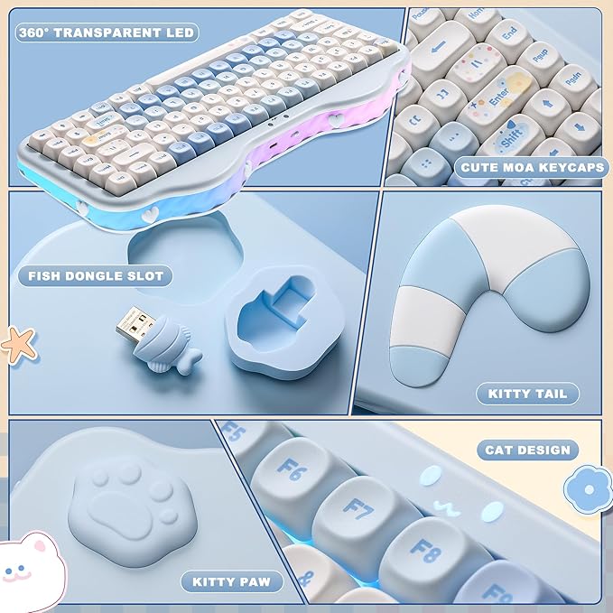 YUNZII C75 Wireless Mechanical Keyboard,75% Layout, Hot-Swappable NKRO,BT5.0/2.4G/USB-C Mode,Dye-Sub PBT MOA Keycaps,RGB Gasket Mount,Cute Cake Design for Mac/Win/Gaming (Blue, Candy Switch)