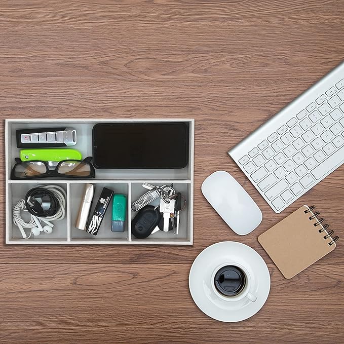 Desktop PU Leather Storage Rack, Proxy Parking tray, Dressing table Desktop Organizer, with 4 Compartments for Placing Mobile Phones, Remote controls, Cosmetics, Watches, and other Decorative trays.