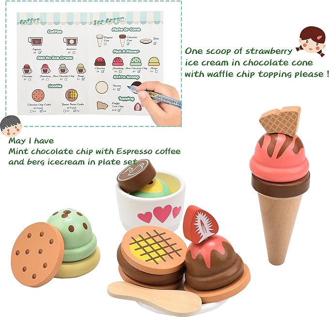 Giant bean Wooden Ice Cream, Coffee and Frozen Treat 3-in-1 Counter Playset, 25 PCS Toddler Pretend Play Kitchen Accessories, Kids Wooden Toys for 1+, Christmas Birthday Gift for Kids