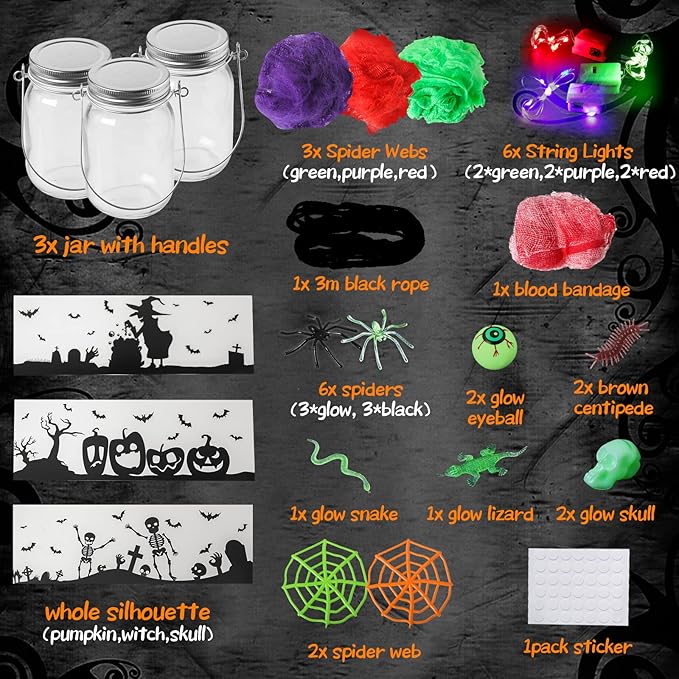 Halloween Crafts Activities For Kids Ages 4-12 ,3 pcs Glass Mason Jar for School Halloween Art Activities,Classroom Prizes,Halloween Craft Supplies,DIY Lantern Jar for Gifts Halloween Party Favors