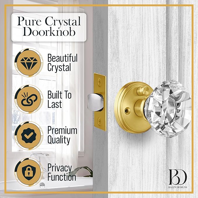 Crystal Door Knob with Lock, Glass Door Knobs Interior Privacy/Passage Set, Vintage Decorative Antique Style Handle for Bedroom, Bathroom, Closet (Gold, Privacy Function - 1 Pack)