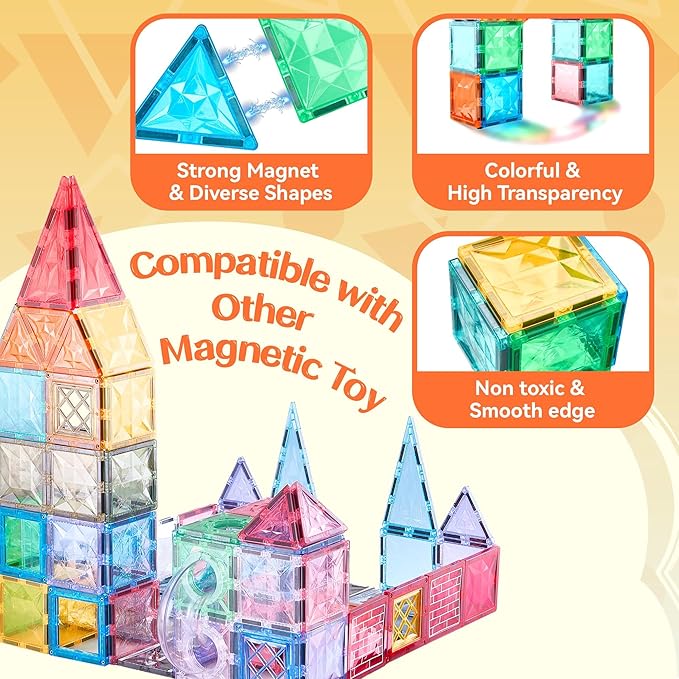 Magnetic Tiles Set, Magnet Tiles Building Blocks with Car Toy Figurines and Stickers, Construction Educational STEM Sensory Toys Gifts for 3 4 5 6 7 8 + Year Old Kids Toddlers Boys Girls