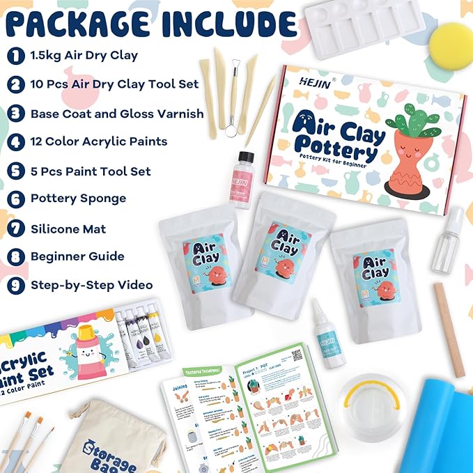 HEJIN Air Dry Clay Kit for Adults, 3.3Lbs Pottery Craft Kit for Beginners, Sculpting Tools Set & Step-by-Step Guide, 12 Paints, Paintbrush, Varnish, Sponge - Crafts for Adults for Birthdays Gift