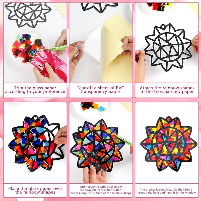32Pcs Window Suncatcher Kit Spring Window Art DIY Suncatcher Crafts for Kids Rainbow Heart Sun Catcher Craft Stained Glass Effect Tissue Paper Valentine's Day Party Favors Classroom Decor
