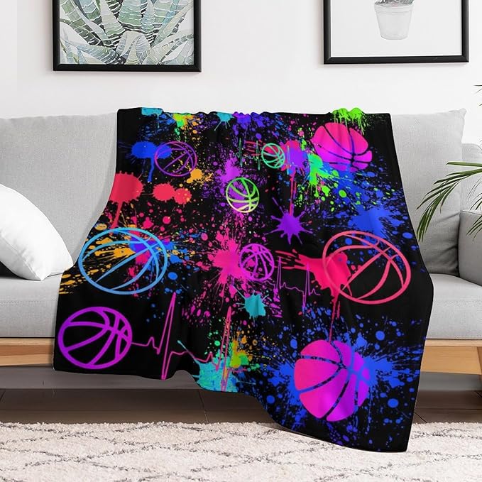 Basketball Throw Blanket - Soft Flannel Sports Basketball Blankets for Teens Adults Women Men Basketball Lovers - Warm Basketball Throw Blankets for All Season Lap, Chair, Sofa, Couch, Bed - 80"x60"