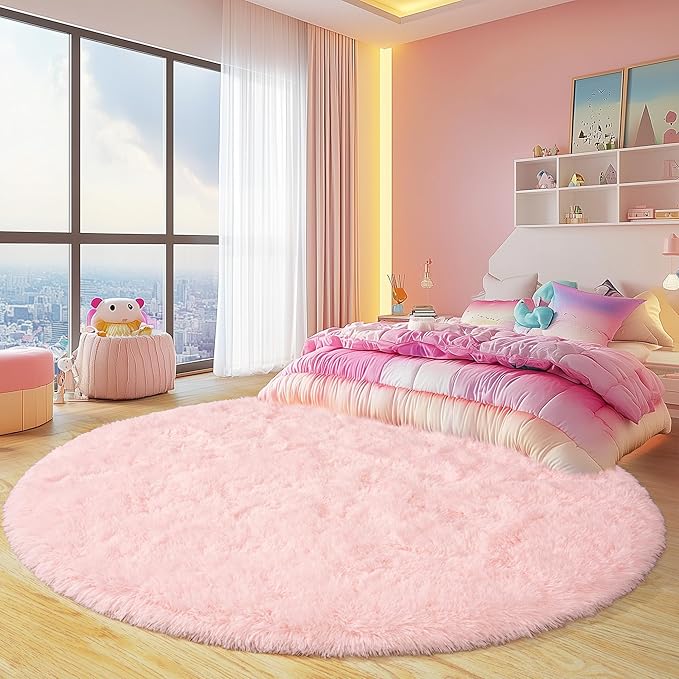 Xexsin Round Fluffy Rugs 8Ft for Girls Bedroom, Pink Shag Circle Kids Rug Non-Slip for Bedside Dorm Nursery Playroom, Soft Cute Area Rugs for Living Room Decor