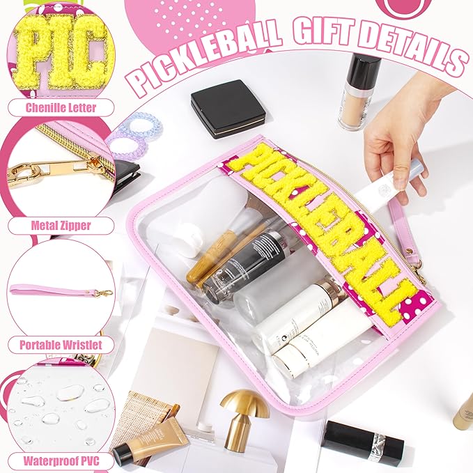 BuyCard Pickleball Gifts Makeup Bag with Chenille Letter Patch, Clear Cosmetic Pouch PVC Organizer Purse, Waterproof Travel Bag, Portable Toiletry Storage Bag for Her Friends