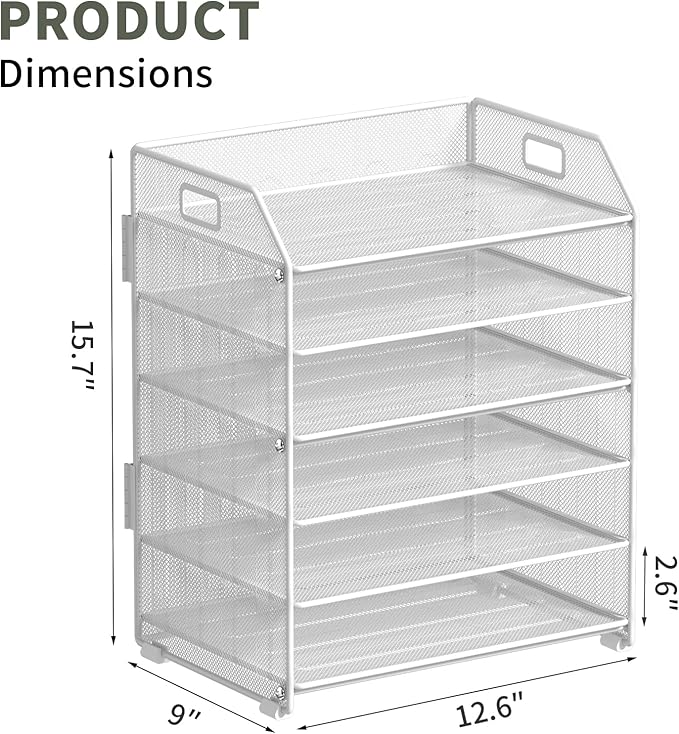 6 Tier Desk Organizer, Heavy-Duty Thick Metal Letter Tray Organizer, Large Capacity Desktop File Organizer for Heavy Files, Easy to Assemble for Home, Office & Classroom,Black,White
